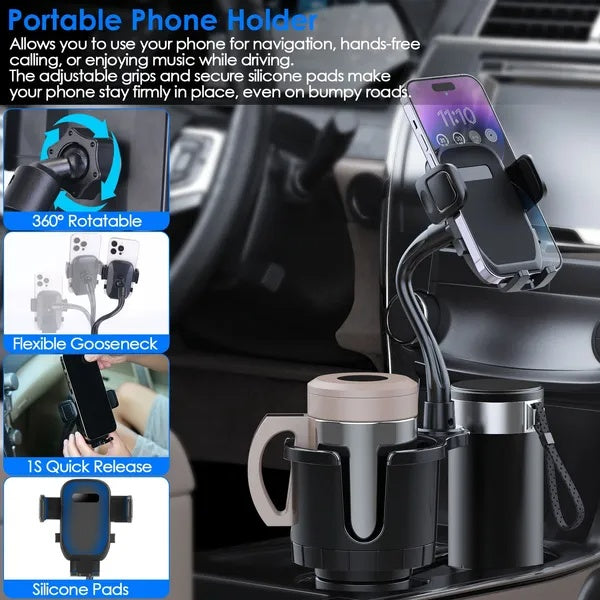 2 In 1 Car Cup Phone Holder Automotive Drink Holder With 360Rotating Gooseneck Phone Mount Adjustable Base Fit For Most Phones Cups Vehicles