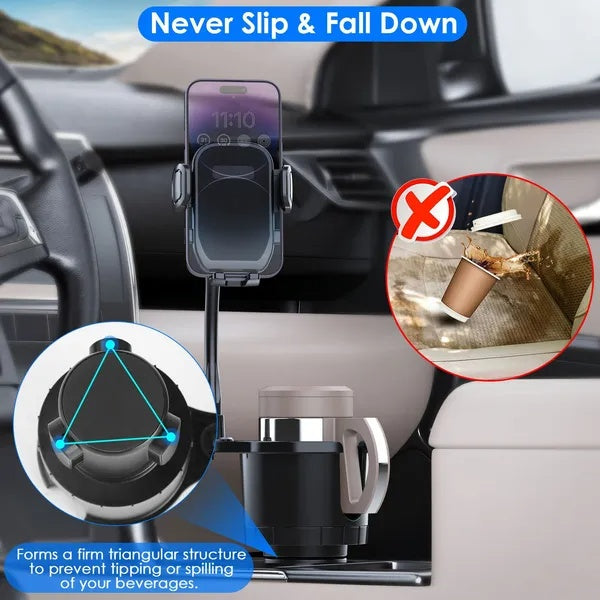 2 In 1 Car Cup Phone Holder Automotive Drink Holder With 360Rotating Gooseneck Phone Mount Adjustable Base Fit For Most Phones Cups Vehicles